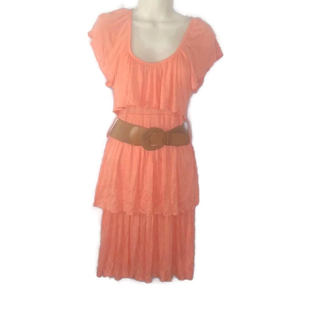 French Atmosphere Coral Lace Inset Tiered Dress